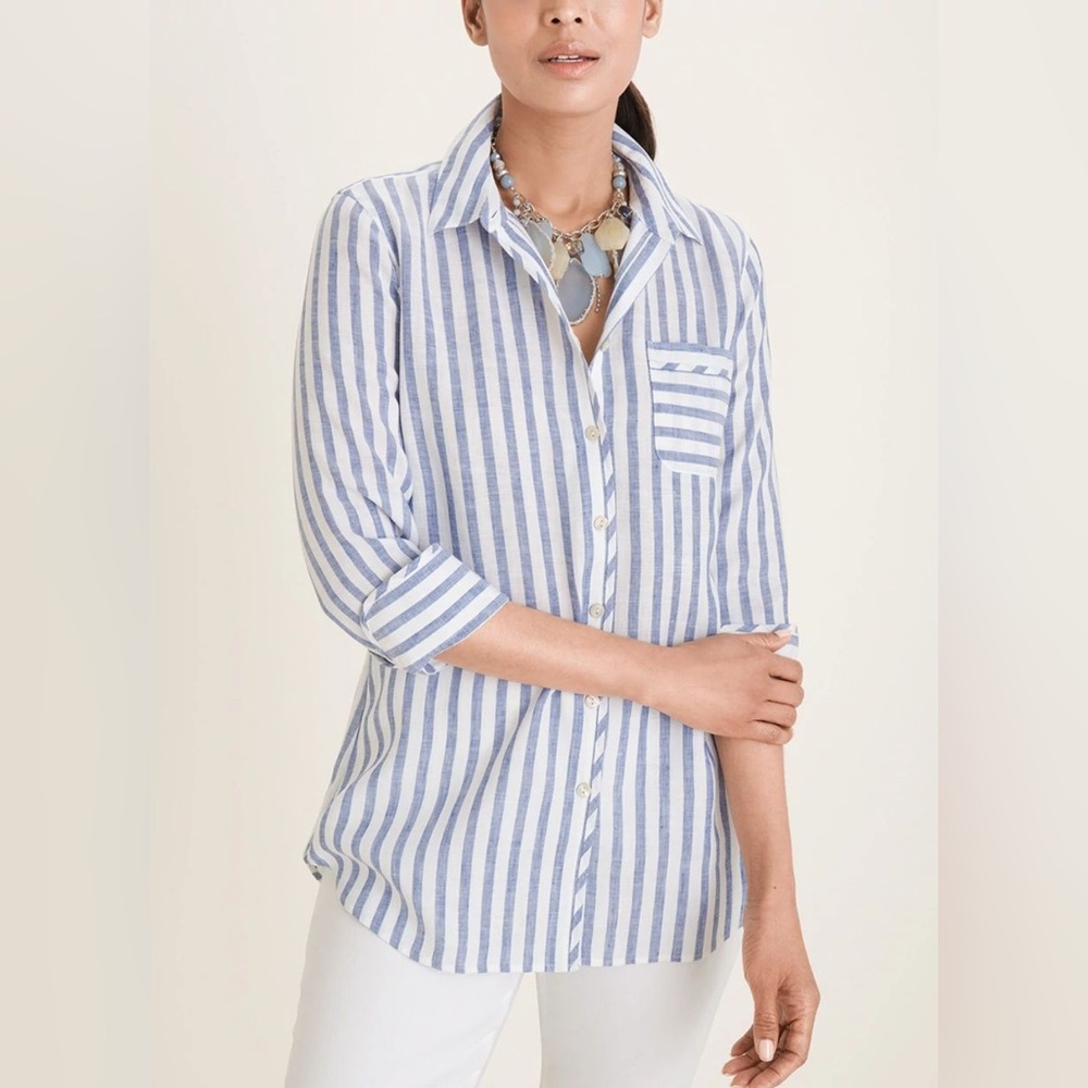 NWT No-Iron FreshChic Linen Striped Shirt Lightweight Casual Size 8/10